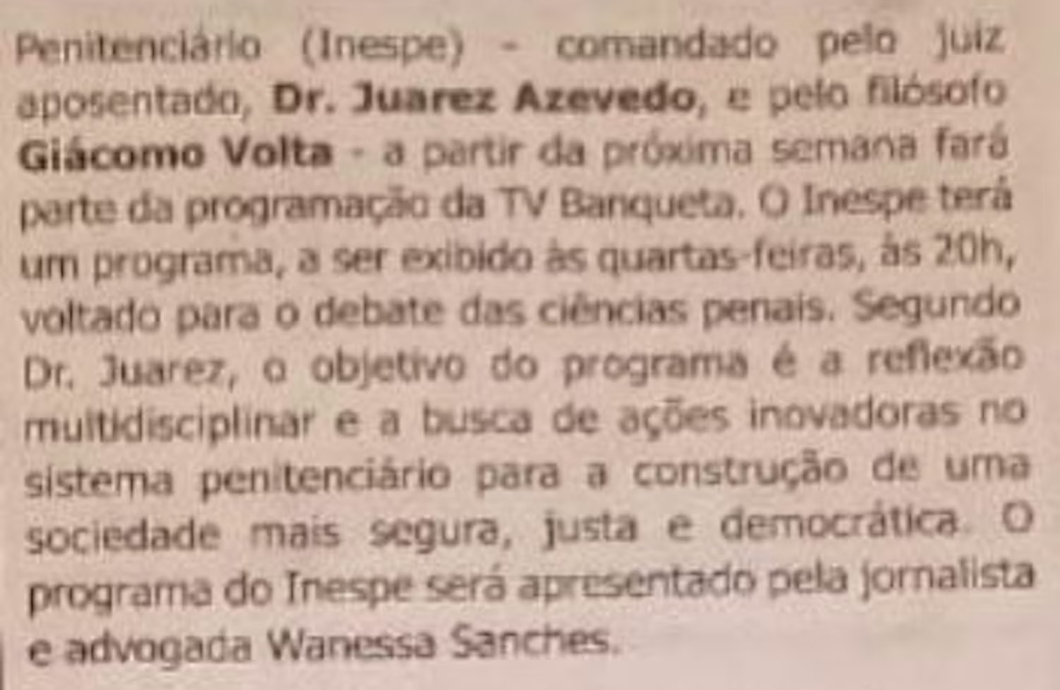 Matéria sobre o INESPE na TV Banqueta
